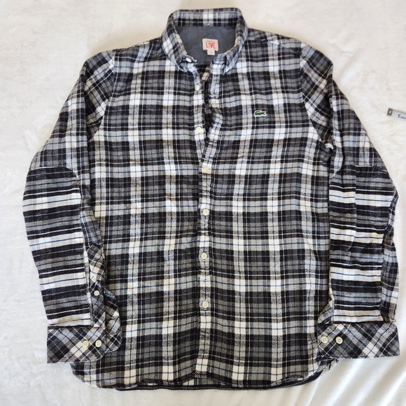Lacoste Live 40 mens Black White Fleece Plaid Long Sleeve Button Up Logo - Picture 2 of 6